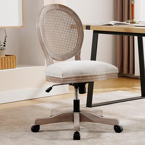 LukeAlon Silla de oficina de lino con respaldo de ratán, silla giratoria de altura ajustable con marco de madera, silla de escritorio sin brazos con
