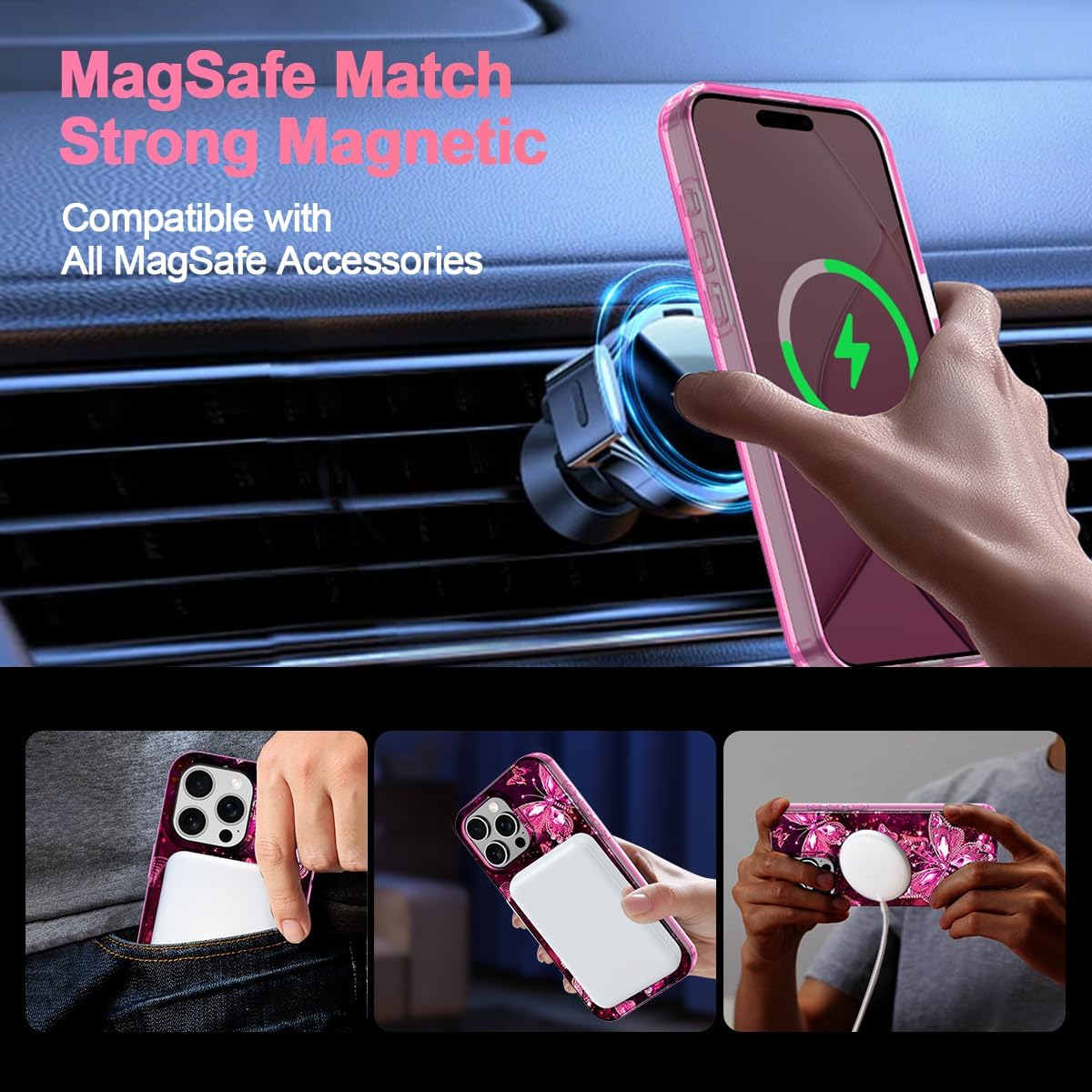 Hekodonk for iPhone 15 Pro Max Case,Compatible with MagSafe,Glow in The Dark Full Body Rugged Protection Slim Shockproof Glossy Stylish Women Girls Case for iPhone 15 Pro Max 6.7 inch,Hot Pink - Image 2
