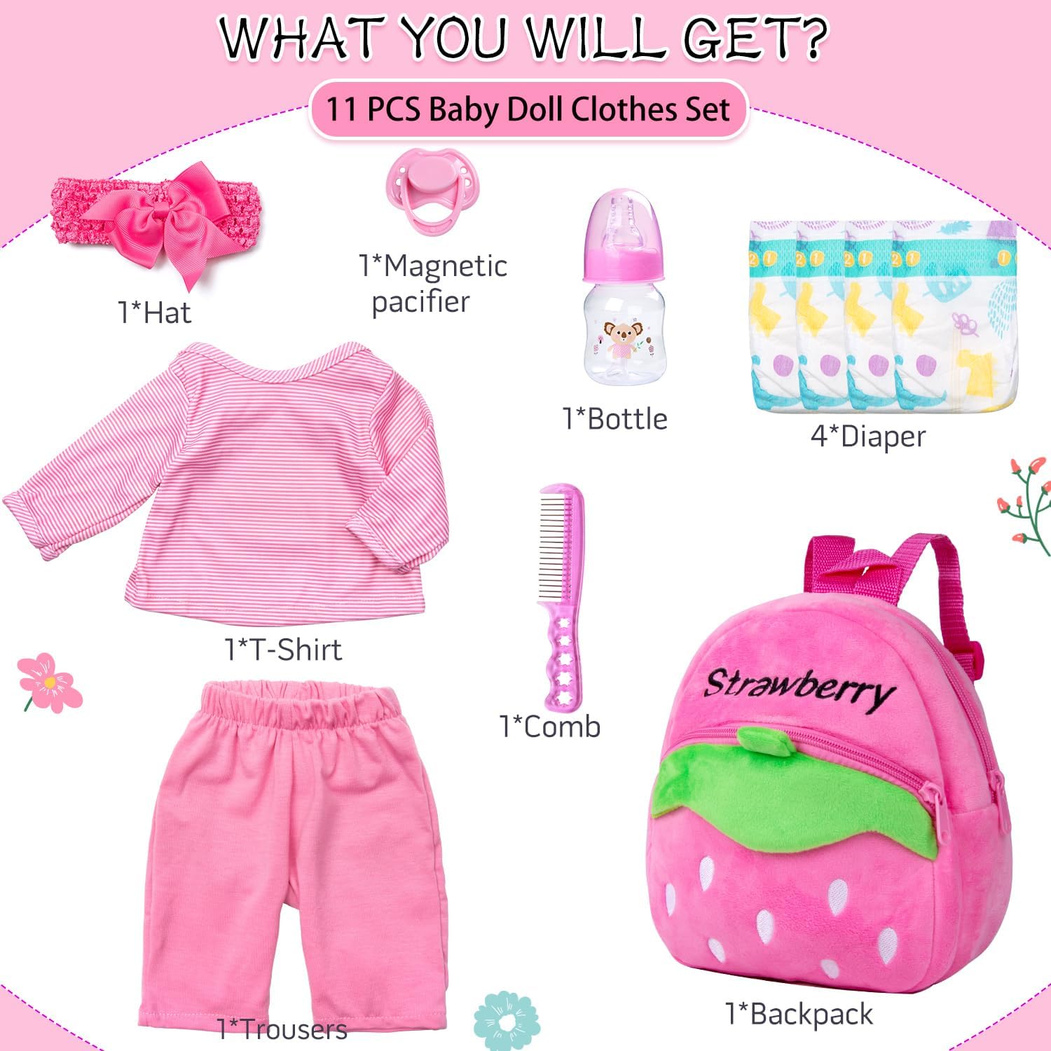 11 Pcs Reborn Baby Doll Clothes Accessories Pink Outfit for 17-22 Inch Babydolls, Reborn Doll Accessories with Diaper Bag Newborn Baby Clothes Set Gift