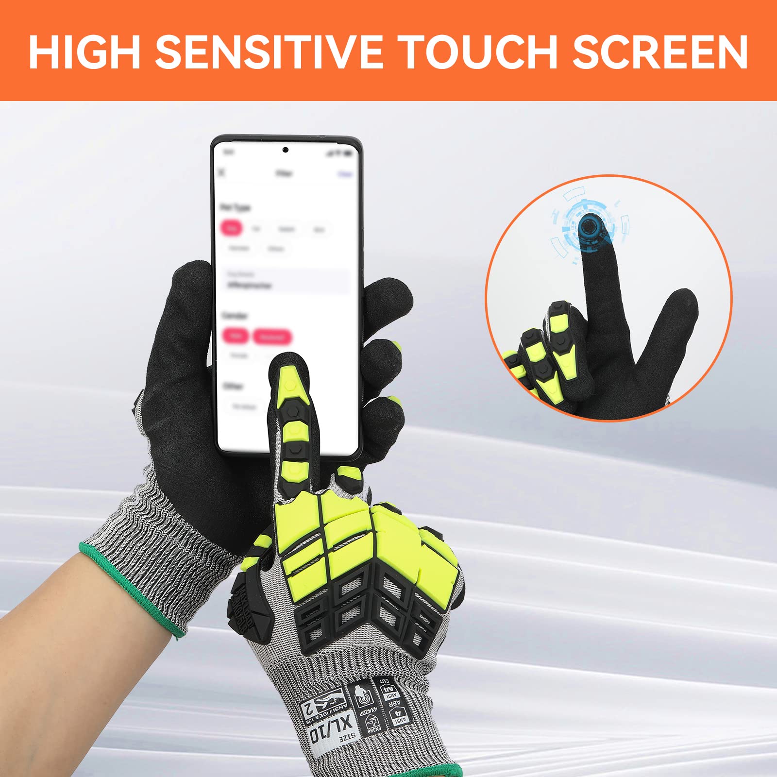 2 pares de guantes de trabajo de seguridad para hombre y mujer, guantes resistentes a los cortes, antideslizantes, con mango de nitrilo, guantes para pantalla táctil con protección contra