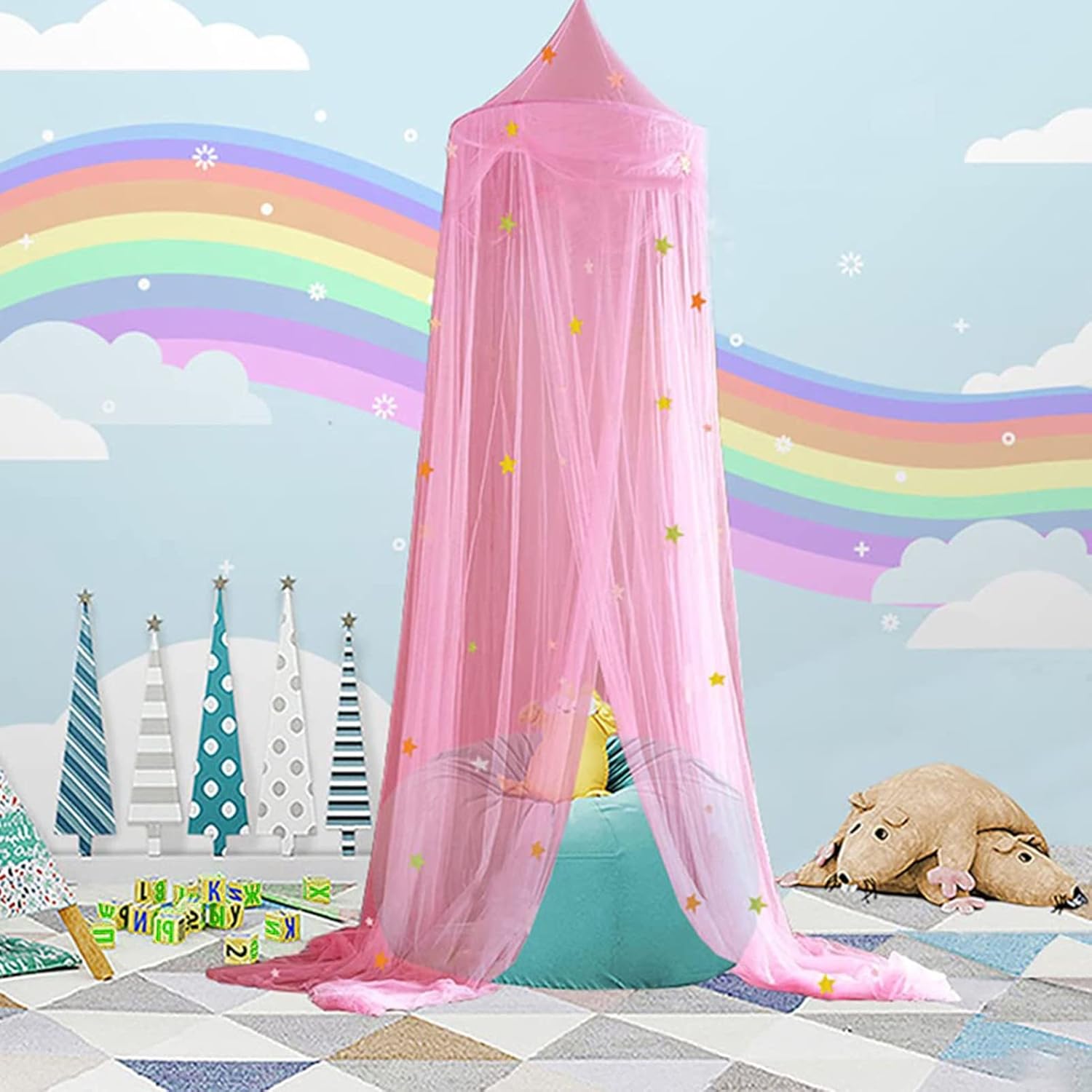 Mosquito Net for Bed Canopy with Fluorescent Stars Glow in Dark for Kids Glow in Dark Hanging Bed Dome Canopy (Pink Small)