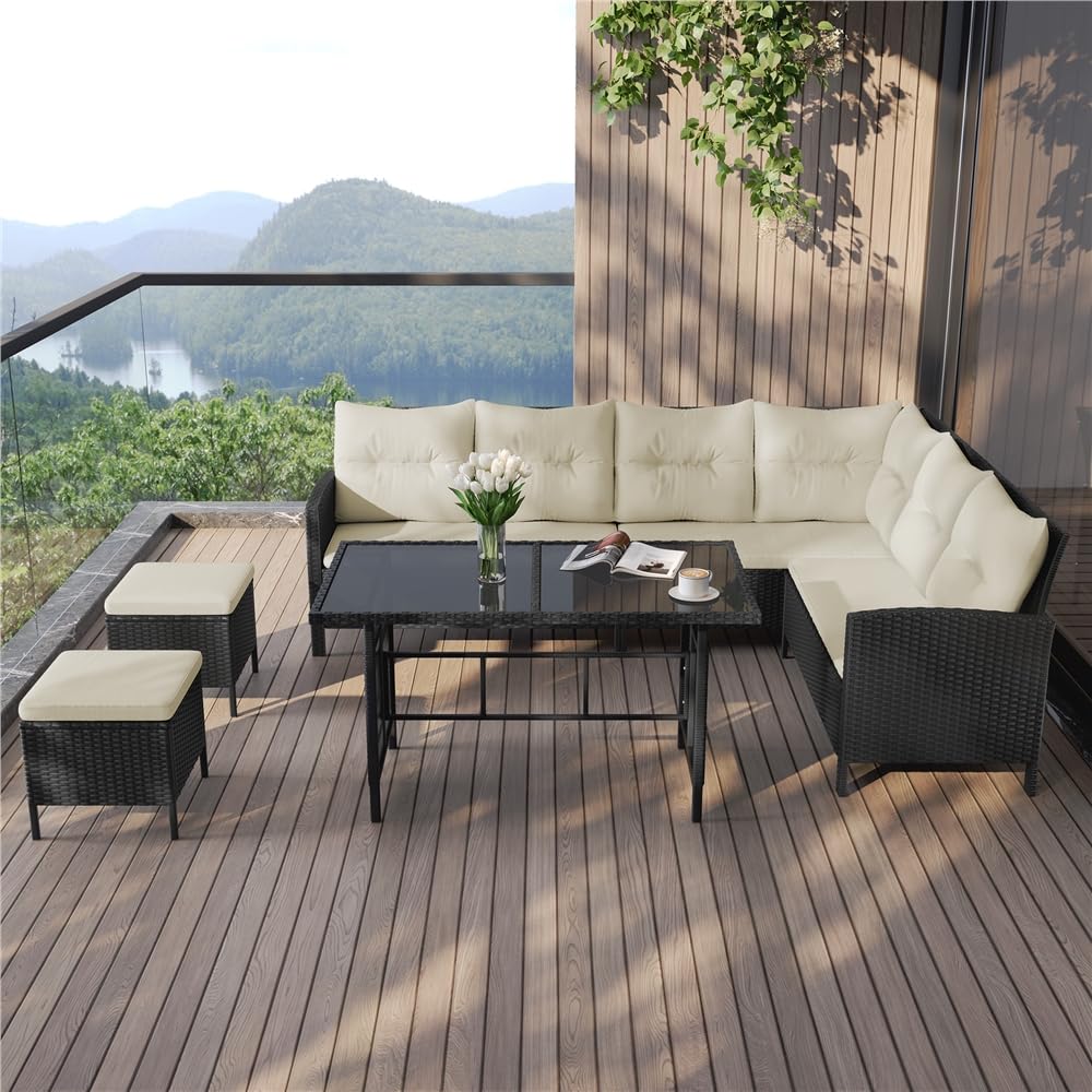 Yaheetech Conjunto de Mueble de Jardín para Patio de 4 Piezas Sofás de Ratán para Exterior con Mesa de Cristal y Otomanas para Balcón Porche Terraza Negro/Beige