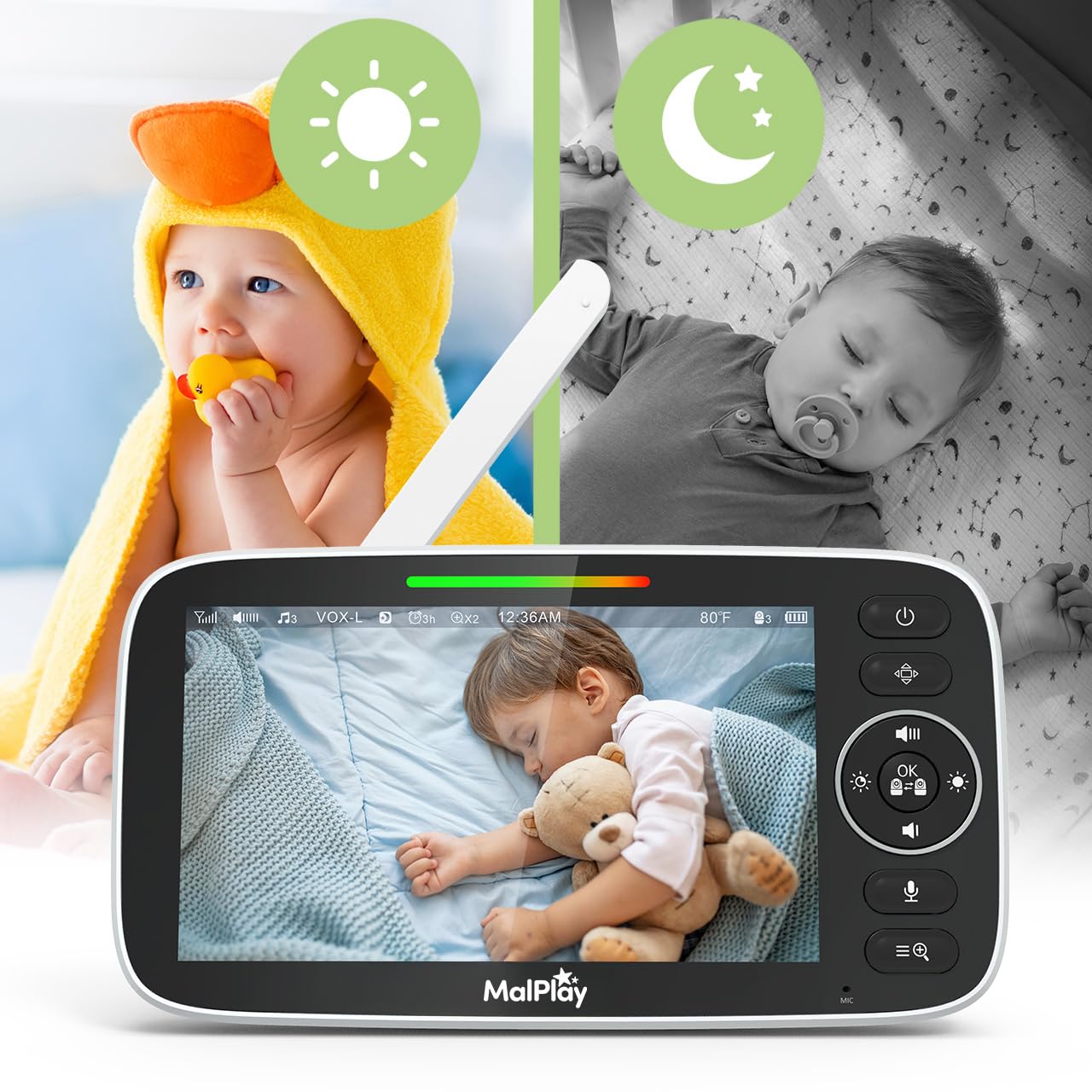 MalPlay Babyfon z kamerą 5 cali HD bez WLAN, wideofon dla niemowląt z noktowizorem, tryb VOX, dwukierunkowe audio, 4X zoom, monitorowanie temperatury, kołysanki, zasięg 300 m NannyEye Complex