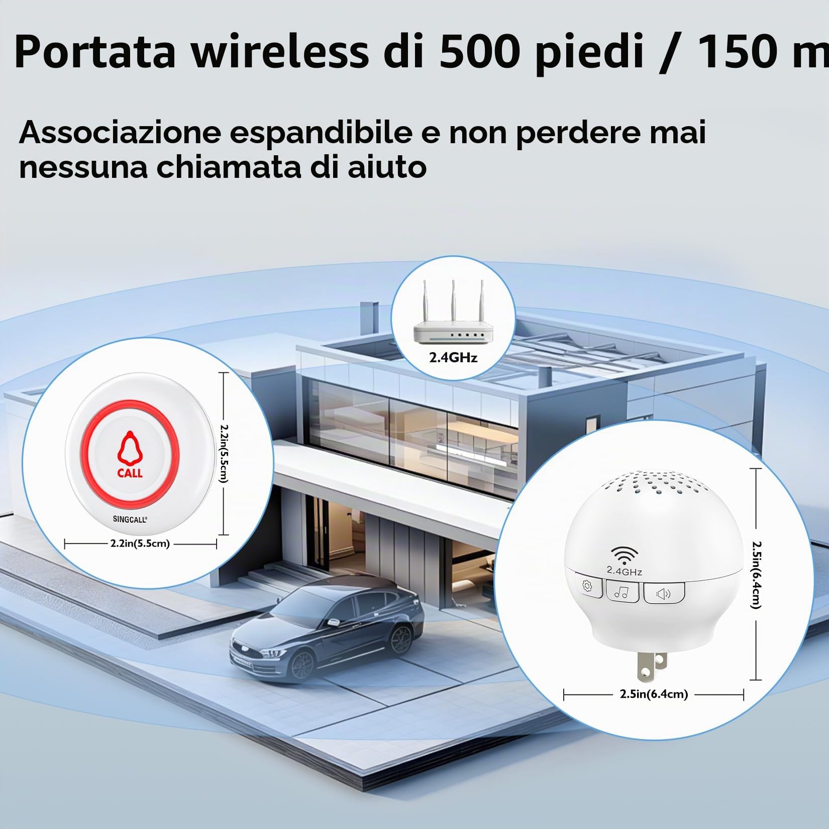 SINGCALL Tuya Wifi System di chiamata d'allarme, Sistema di allarme | antipanico a lungo raggio per anziani/pazienti/disabili, 1 ricevitore+2 Pulsanti di chiamata