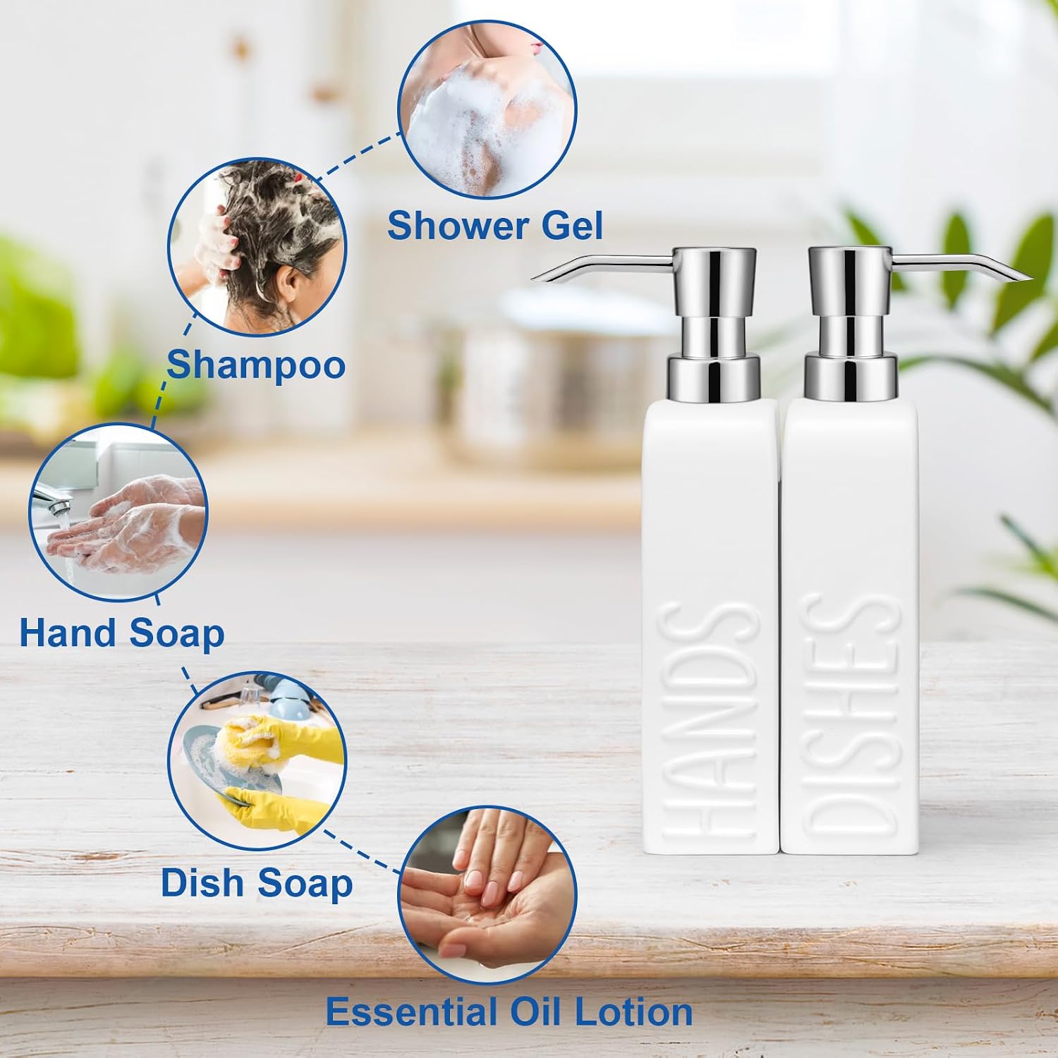 Ceramic Soap Dispenser Set for Bathroom and Kitchen, 2Pack Refillable Dish Soap and Hand Soap Dispenser