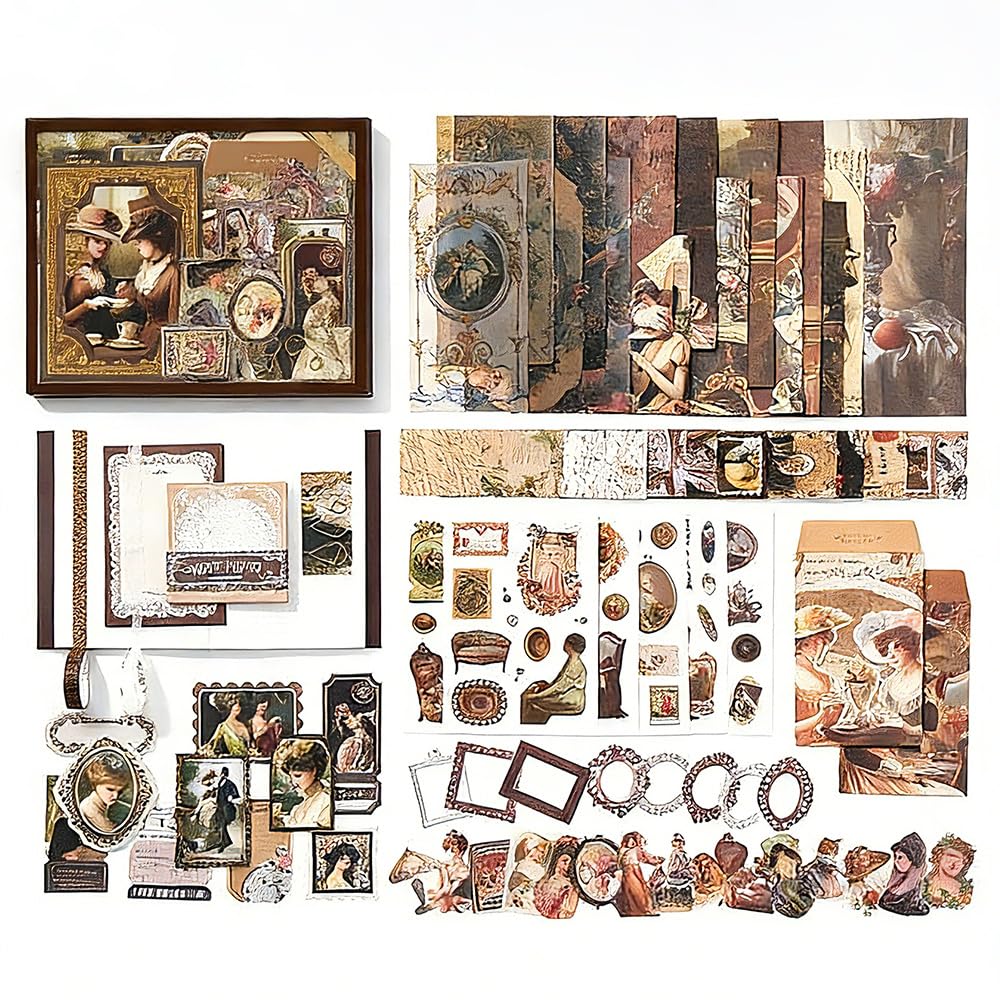 FEIHS 132 Piece Brown Scrapbooking Supplies Kit Scrapbooking Kit Vintage Scrapbooking Set Aesthetic Bullet Journal Accessories for DIY Planners Crafts Collage