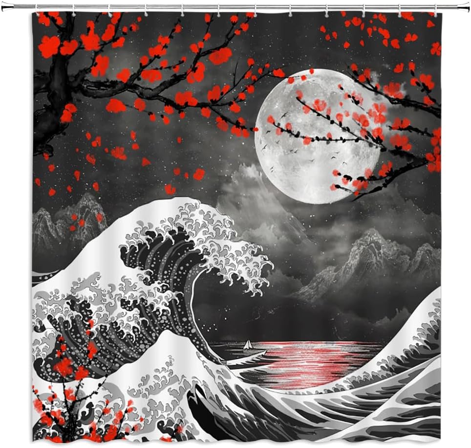 Cherry Blossom Moon Shower Curtain Great Wave Japanese Kanagawa Sea Waves Ocean Nautical Mountain Traditional Landscape Bathroom Decor Fabric Curtains with Hook 80Wx70H Inches