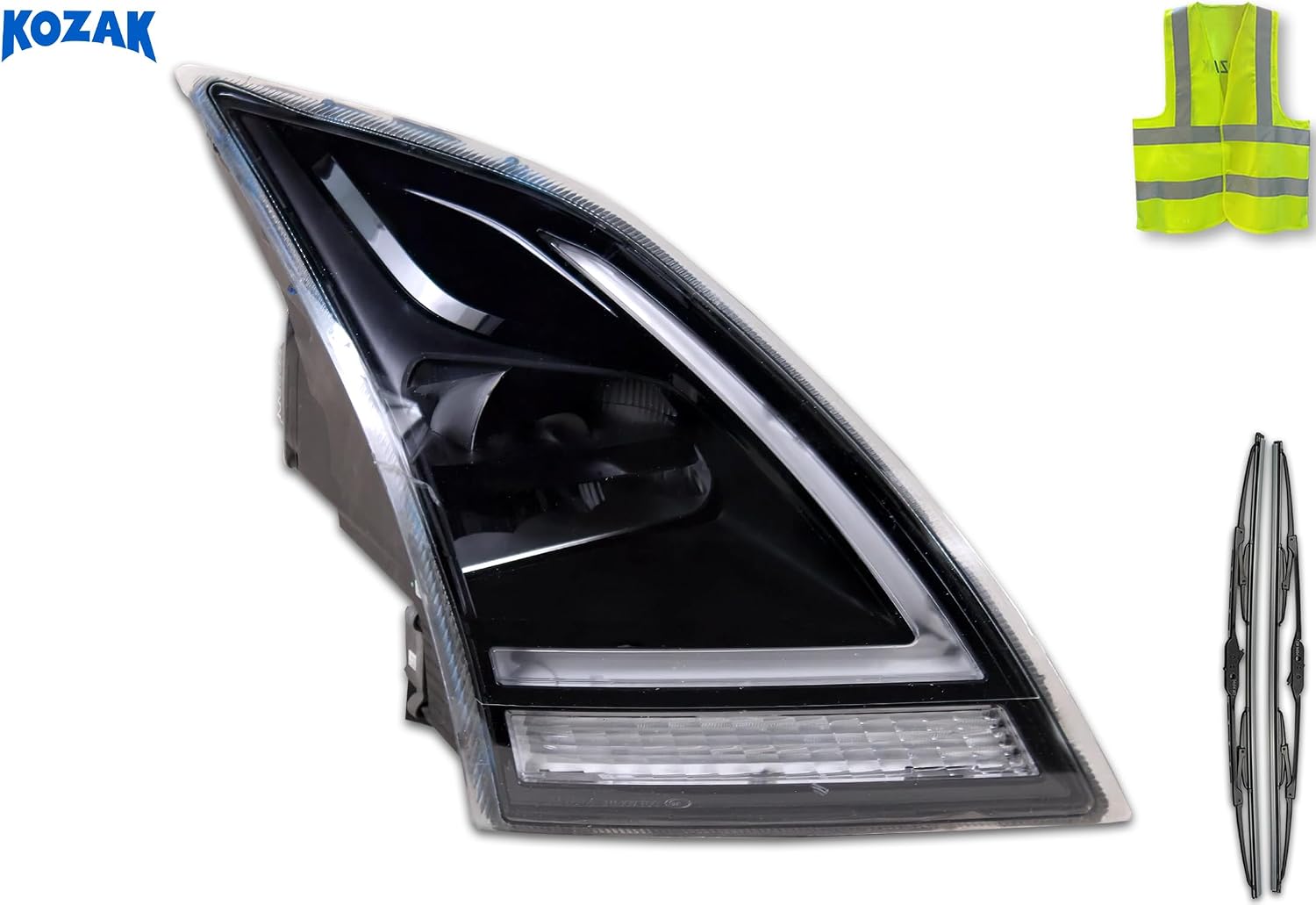KOZAK Headlight Full LED Black Right Passenger Side Compatible With Volvo VNL VNR 2018+ Includes Logo, 2x 22 Windshield Wipers and Reflective Vest