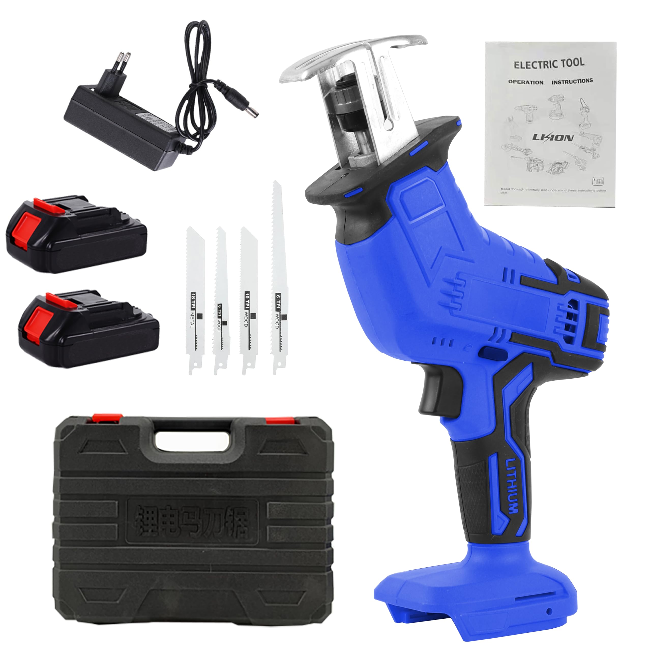 Sega Alternativa a Batteria 24V, Velocità Variabile 0-3000rpm, Freno Elettrico, Cambio Lama Senza Attrezzi, Taglio Legno 100mm, Metallo 2mm, Plastica 100mm, Impugnatura Ergonomica, Alta Potenza, Blu