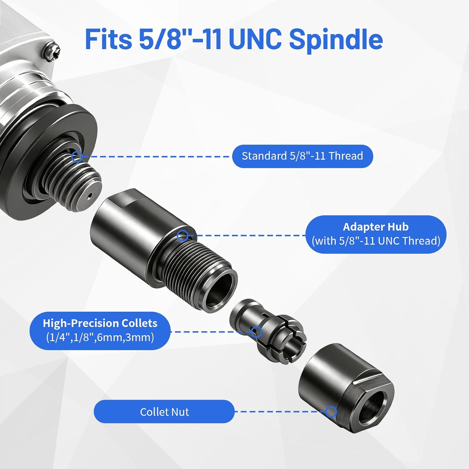 2-Pack Angle Grinder to Die Grinder Adapter, 5/8"-11 Thread to 1/4" (6mm) & 1/8" (3mm) Collet Chucks, Angle Grinder Attachments for Rotary Burrs, Wood Carving & Metal Polishing