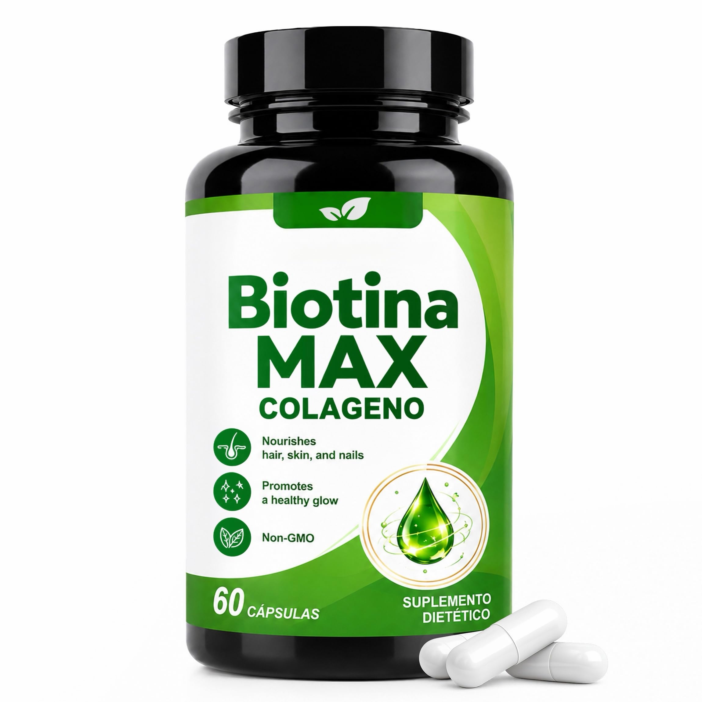 Biotina Max Colageno, Hair, Skin & Nails Support with Biotin & Collagen, Promotes Healthy Glow, Non-GMO, Vegan, for Men & Women – 60 Capsules