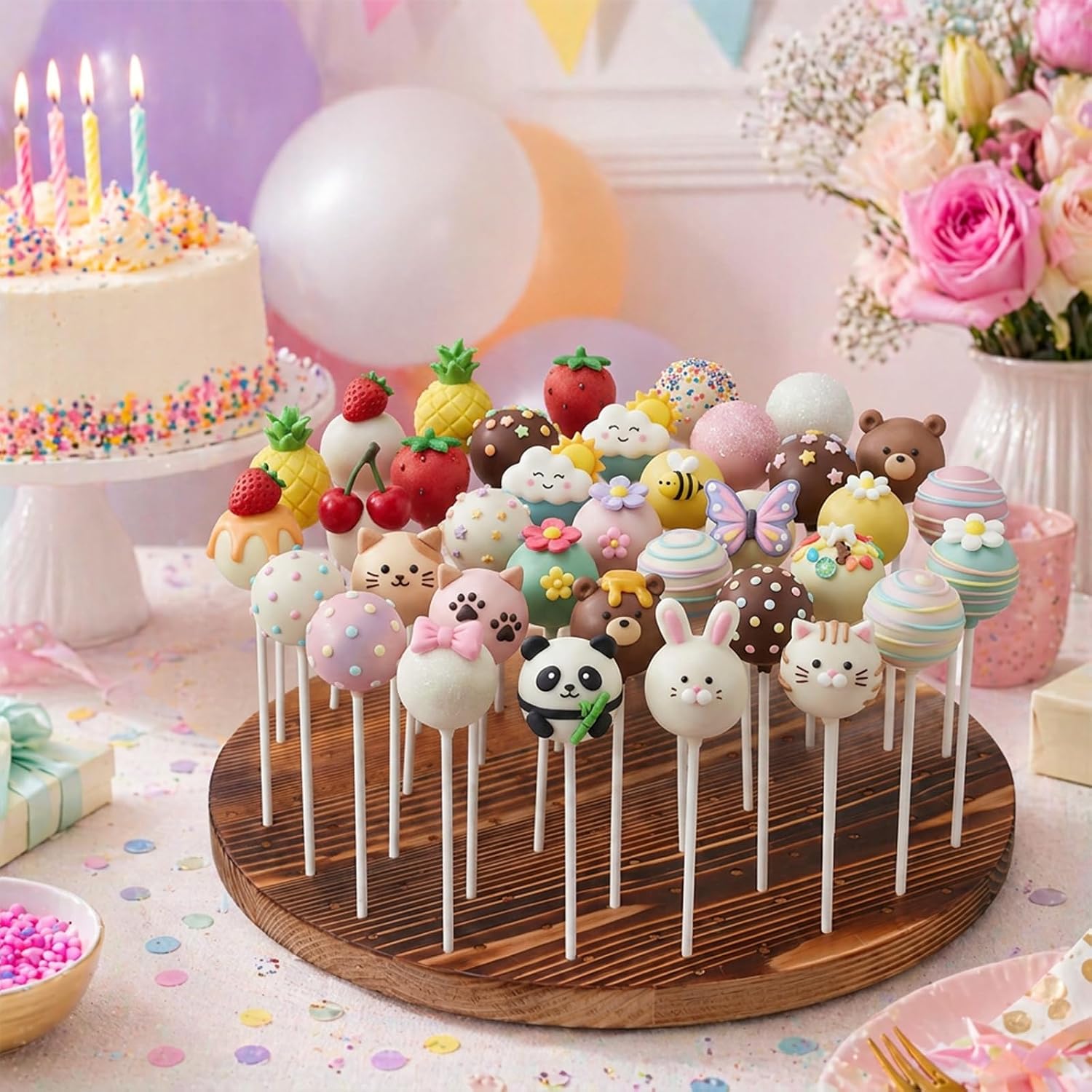 Revolving Cake Pop Holder with 100 Sticks, 97-Hole Wood Lollipop Holder with Rotatable Base, Lollipop Table Display Stand, Round Cake Pop Drying Stand, for Wedding Birthday Holiday Parties Decor