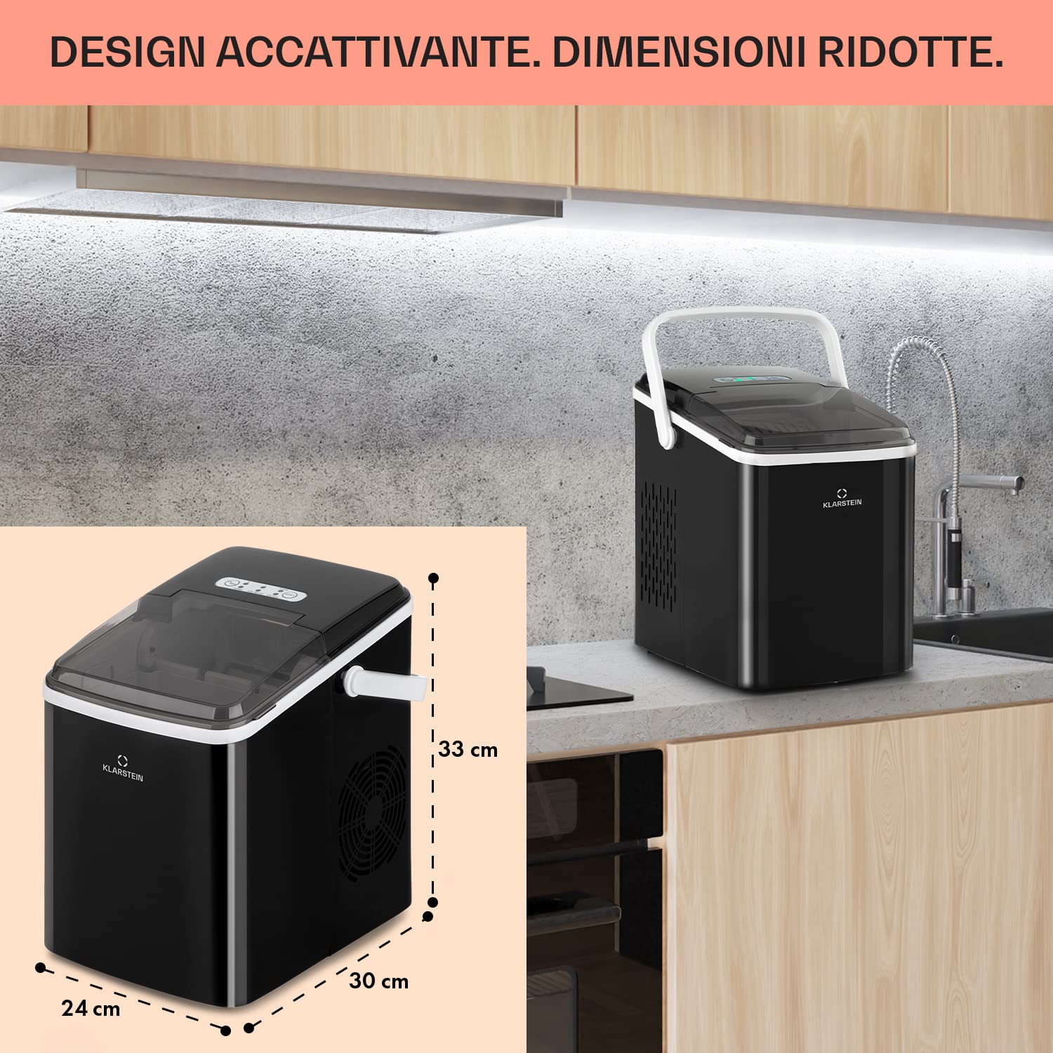 Klarstein Macchina Ghiaccio 2L, Macchina del Ghiaccio Professionale, Fabbricatore Ghiaccio Secco Alimentare 12kg, Cubetti di Grandi Piccole Dimensioni, Macchina Ghiaccio Casa Autopulente Cocktail