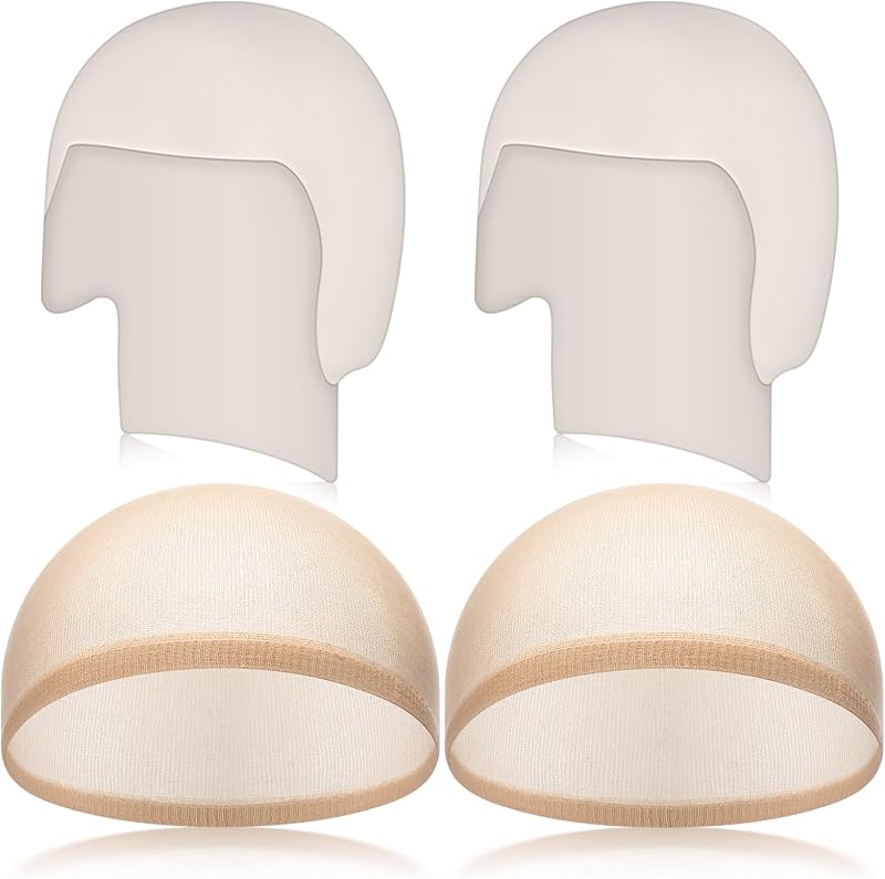 Syhood 4 Packs Bald Cap Halloween Makeup Latex Bald Cap,White, Beige | 2 Latex Hair Caps and 2 Mesh Nets, Realistic for Halloween Cosplay Costume Accessories, Fits Women Men Adults