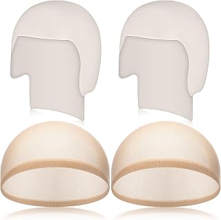 Syhood 4 Packs Bald Cap Halloween Makeup Latex Bald Cap,White, Beige | 2 Latex Hair Caps and 2 Mesh Nets, Realistic for Halloween Cosplay Costume Accessories, Fits Women Men Adults