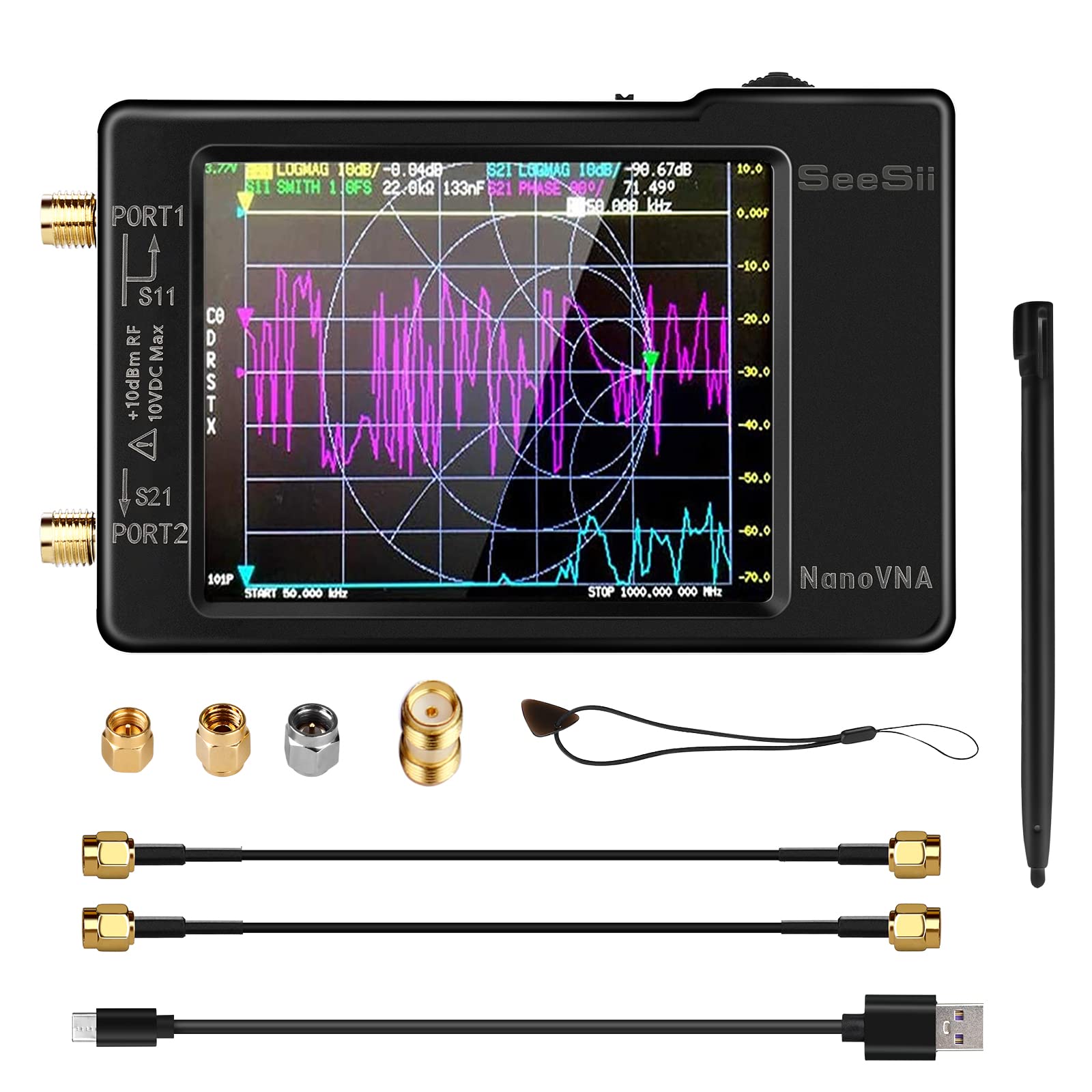 Seesii Analizator anteny NanoVNA-H, 2,8 cala, analizator sieci wektorowej 10 kHz – 1,5 GHz MF HF VHF UHF pomiar parametrów S, współczynnik napięcia fal stojących, faza, obsługa karty SD