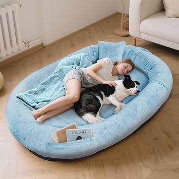 FURRYFECTION Human Dog Bed 71" x 45" x 14", Human-Sized Large Dog Bed Fits Adults and Pets, Washable Faux Fur Cover Giant Beanbag Bed, Napping Orthopedic Beds with Blanket and Pillow, Blue