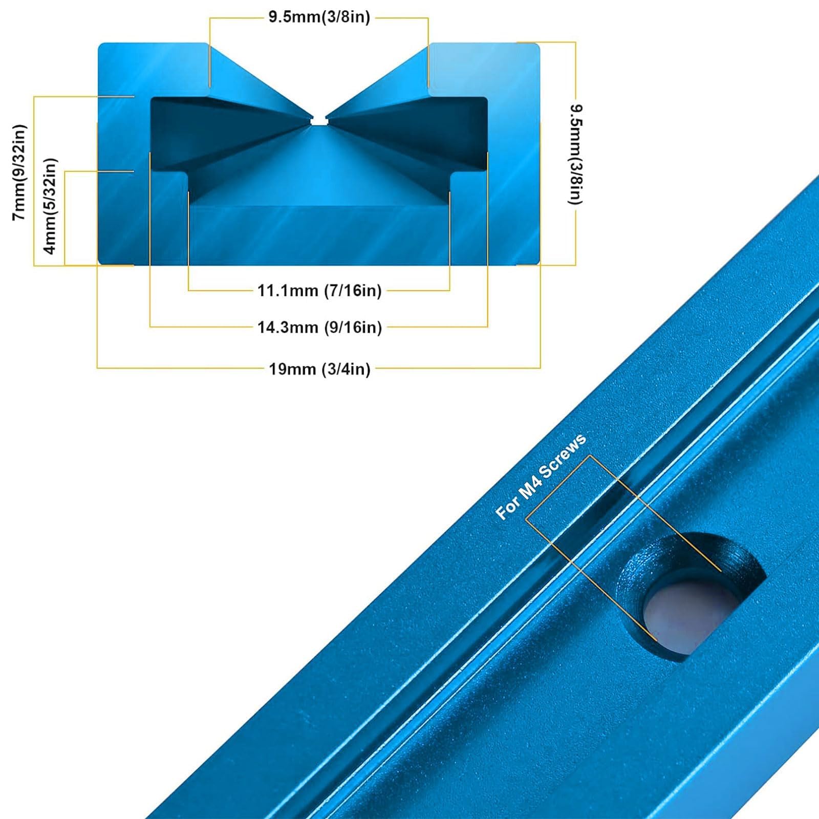 iMetrx T Tracks Woodworking Aluminum 48 inch 1220 mm Light Blue 4 Pcs Double Cut Profile Universal with Predrilled Mounting Holes for Universal T-Track Accessories - Image 3