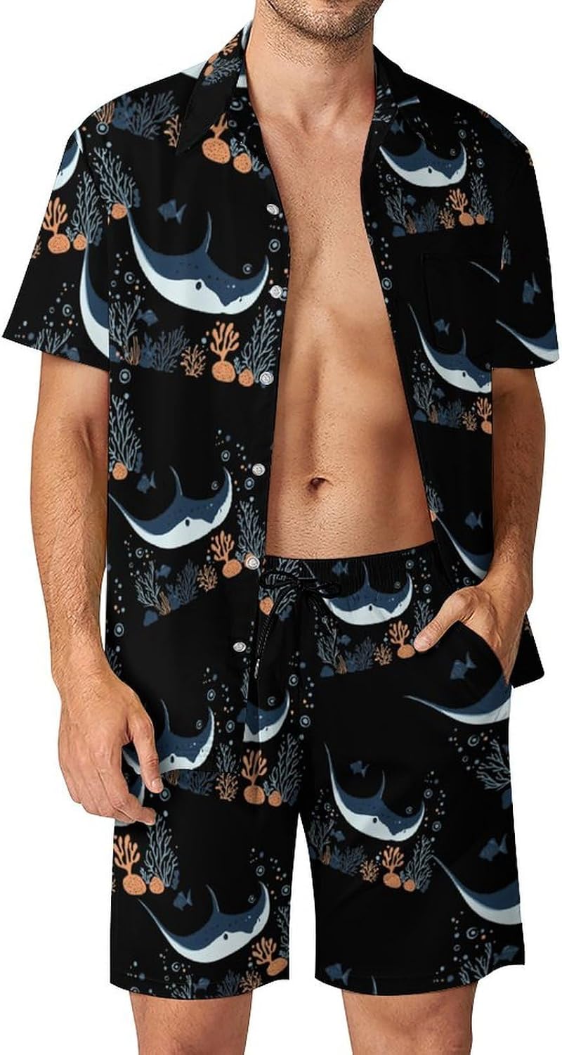 Manta Ray Corals Ocean Fish Summer Mens Vacation Outfits Beach Shirts Shorts Matching Set