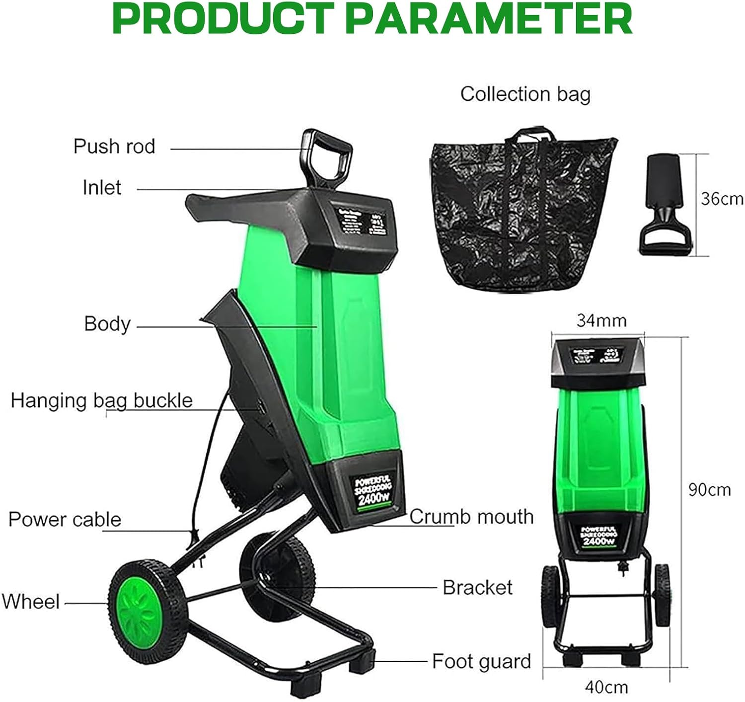 Electric Garden Shredder & Wood Chipper with 50L Collection Bag, 2400W-220V Powerful Leaf Mulcher - 40mm Cutting Capacity for Lawn and Garden Use