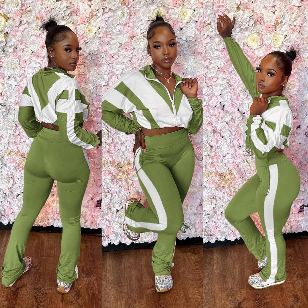 Vssjavun Women 2 Piece Outfit Color Block Long Sleeve Zip Drawstring Cropped Jacket Bodycon Long Pants Set Sweatsuit - Image 2