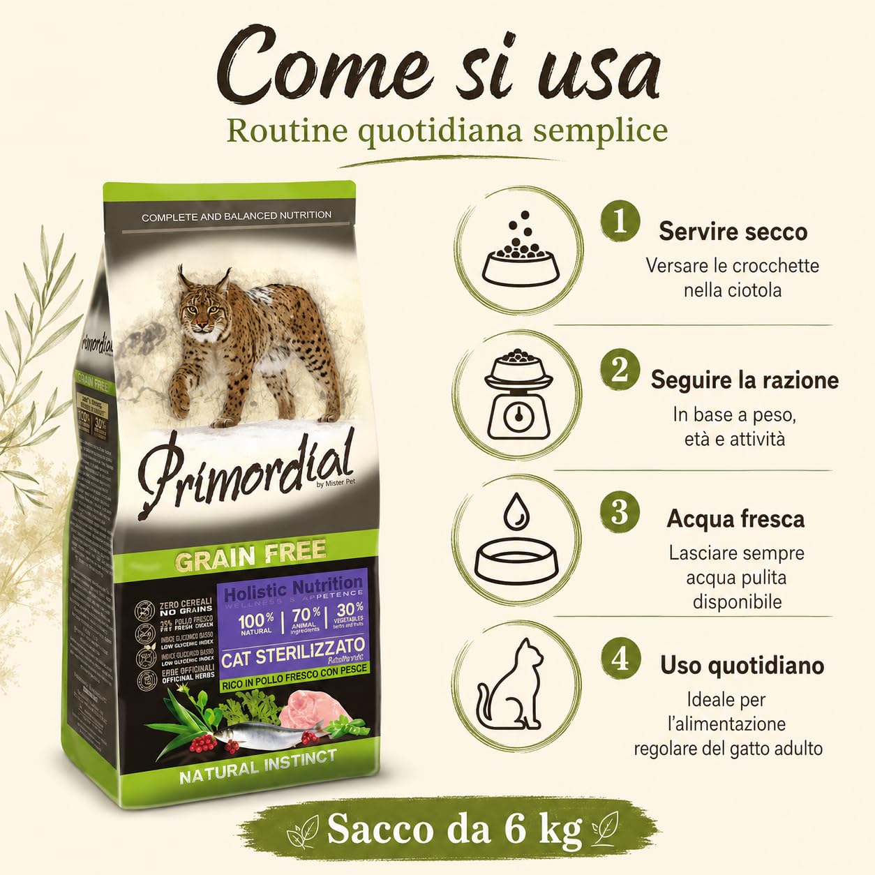Primordial Neutered Crocchette Gatto Adulto Tacchino e Aringa, Mangime Secco Grain Free per Gatti Adulti, Alimento Completo con Taurina, Mirtillo e Lespedeza, 6 kg