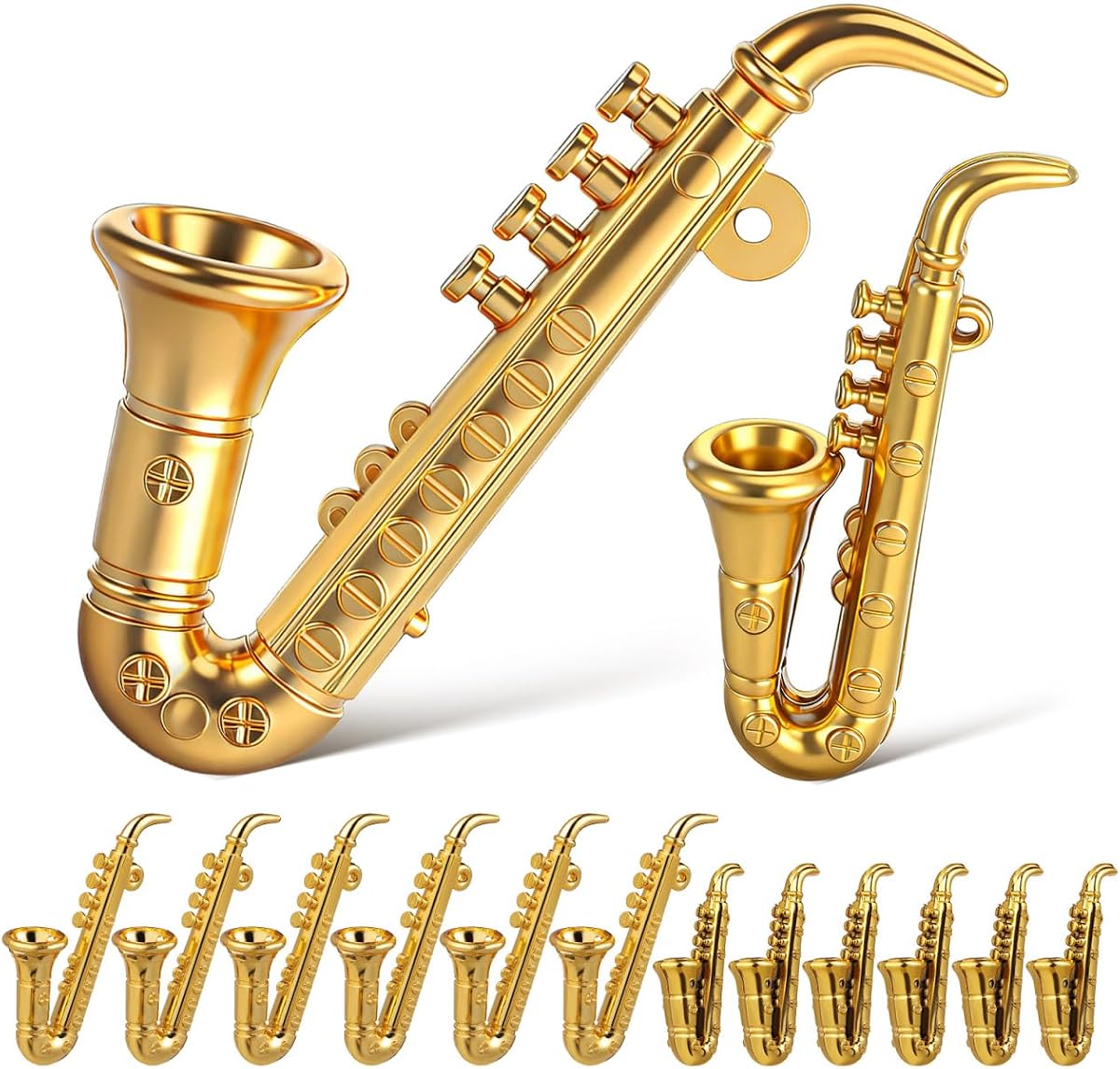GARVALON Miniature Saxophone Ornaments 20pcs Musical Instrument Model | Plastic Golden Mini Saxophone Ornaments Two sizes 10 large and 10 small, For Dollhouse Christmas tree decor Lightweight