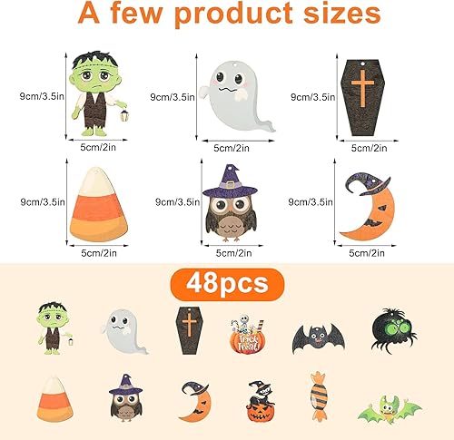 Miniatura 2 de 48 adornos colgantes de madera de Halloween, estilo interesante, adornos de Halloween, calabaza, espeluznante, murciélago, caramelo, colgante,