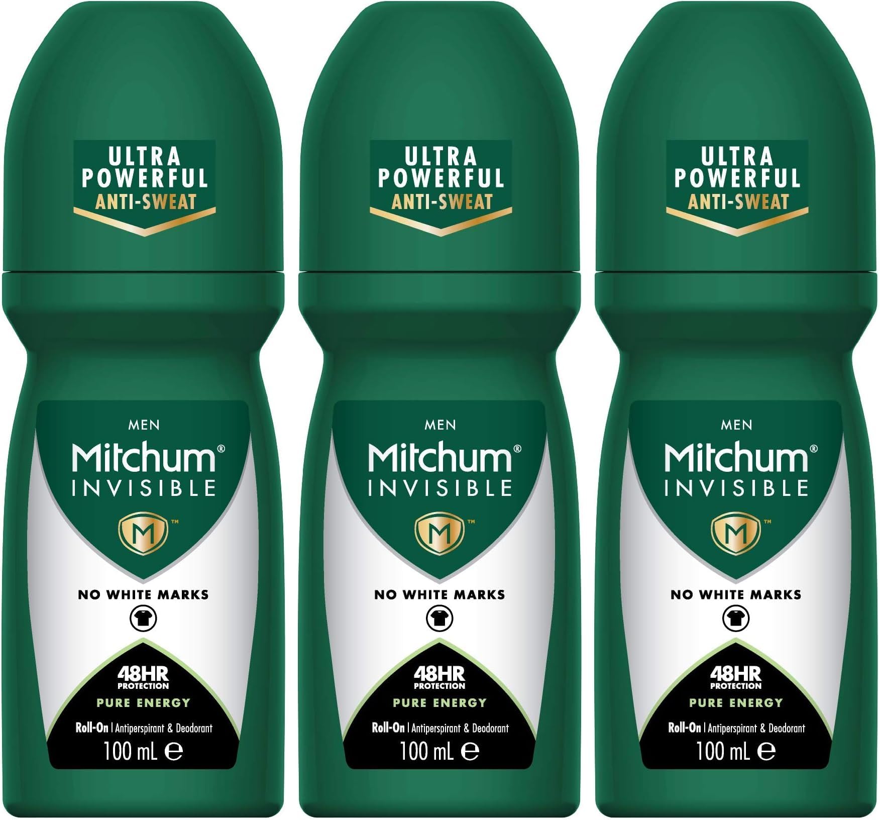 Mitchum Invisible Men 48HR Protection Roll On Anti-Perspirant & Deodorant, No White Marks, Alcohol Free, Pure Energy 100 ml 7246640000 (Pack of 3)