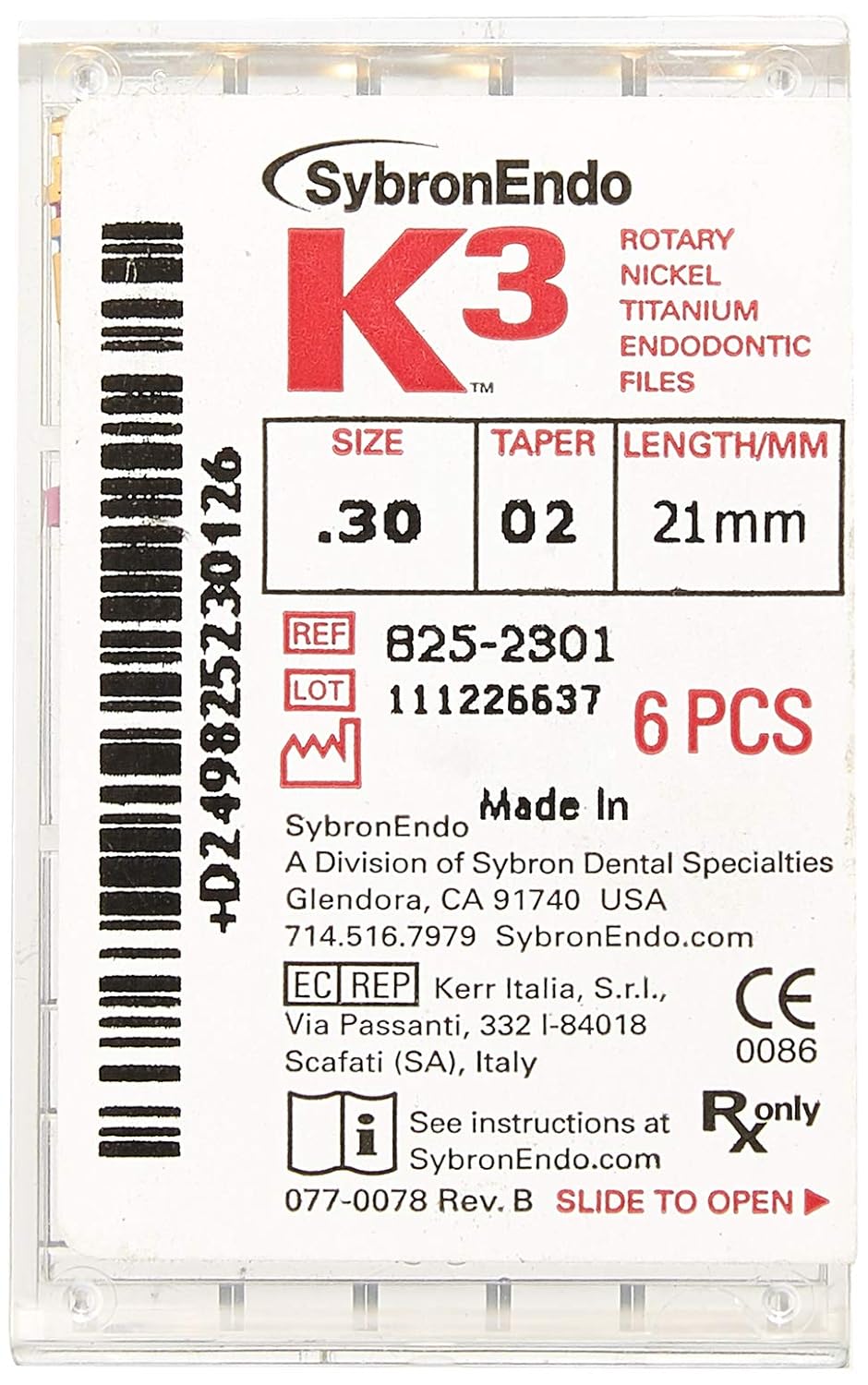 825-2301 K3 NiTi Endo File, 0.02mm Taper, Pink Taper, 30 Tip Size, Blue Tip Color, Nickel-Titanium, 21mm Length, Pack of 6