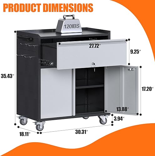 Miniatura 3 de Aobabo Armario de almacenamiento de herramientas con ruedas, 3 cajones para herramientas, armario de almacenamiento de metal con ruedas, requiere