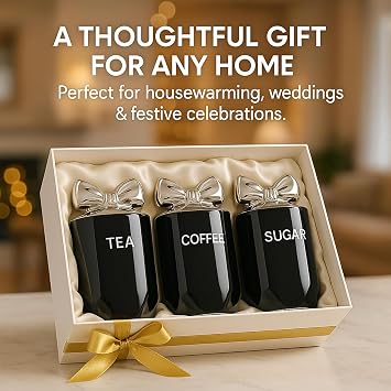 BML Ceramic Tea Coffee Sugar Canisters Set Airtight Kitchen Storage Jars Decorative Countertop Canister Set with Silver Bow Lids Ideal Housewarming Gift & New Home Kitchen Accessory
