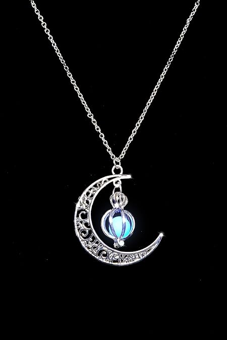 AlterImage Crescent Sailor Half Moon Glow In The Dark Necklaces 4 Pack Luminous Jewelry Green Purple Blue & Sky Blue Includes UV Light