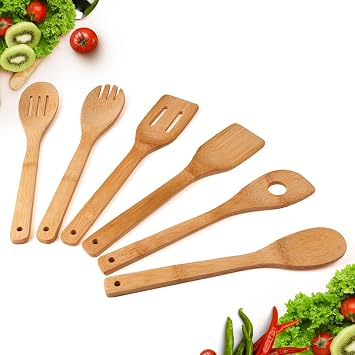 Wooden Spoons for Cooking, Bamboo Serving Utensil Set of 6 | Heat-resistant Bamboo Kitchen Utensil Set Cooking Spatula Ideal for Nonstick Cookware Everyday Use, Housewifes Good Helper