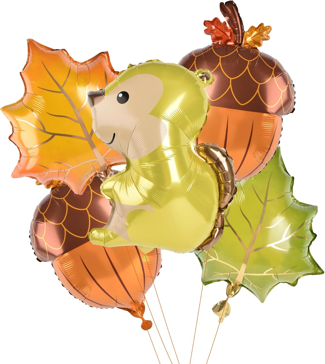 5pc Thanksgiving Balloons - Maple Leaf, Pinecone & Squirrel Mylar Balloons - Yellow & Gold - Adults & Kids Unisex - Self-Standing - Autumn Party Supplies