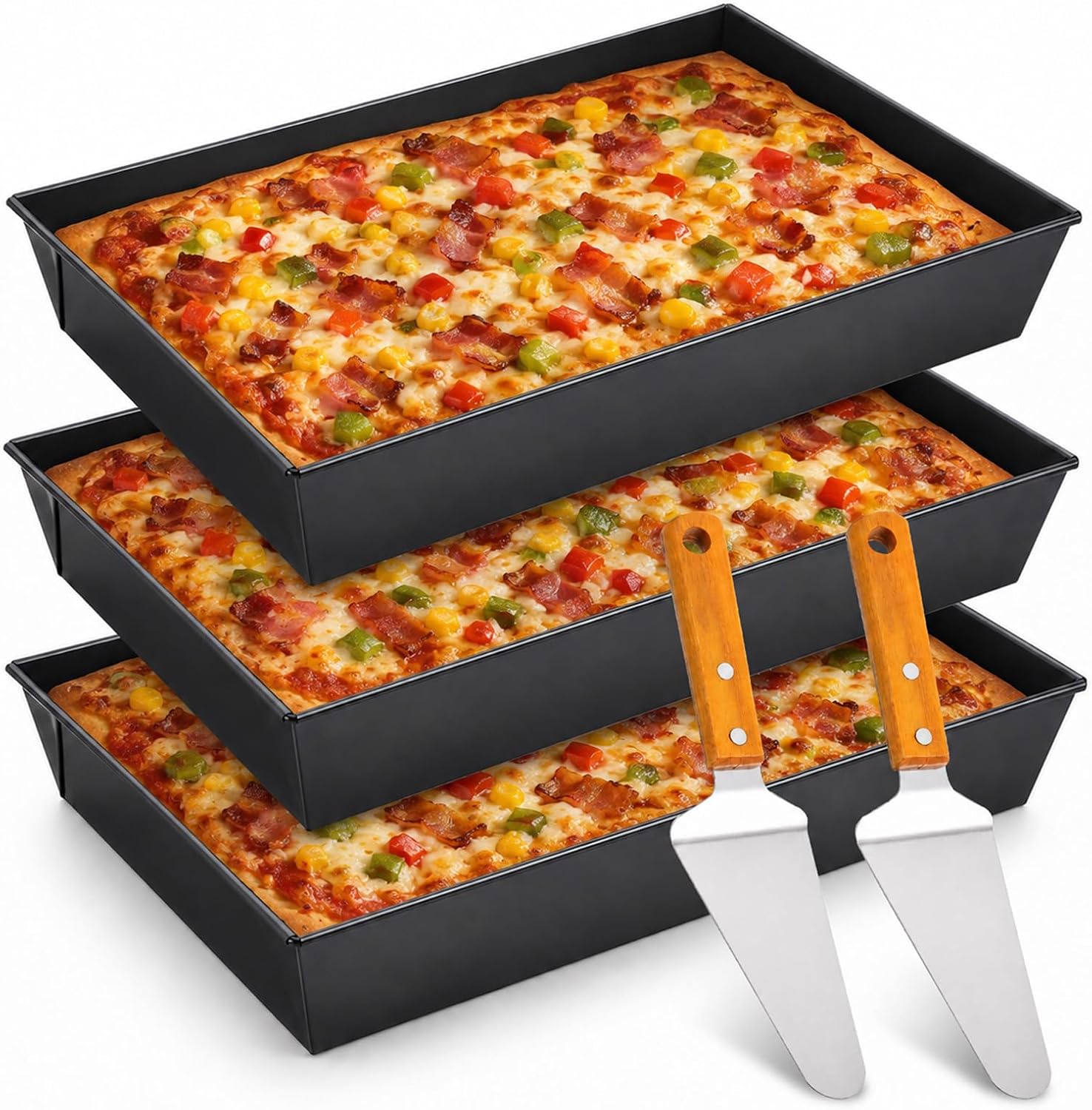3PCS Detroit Style Pizza Pan 14x10 with Pizza Spatulas,Non-Stick