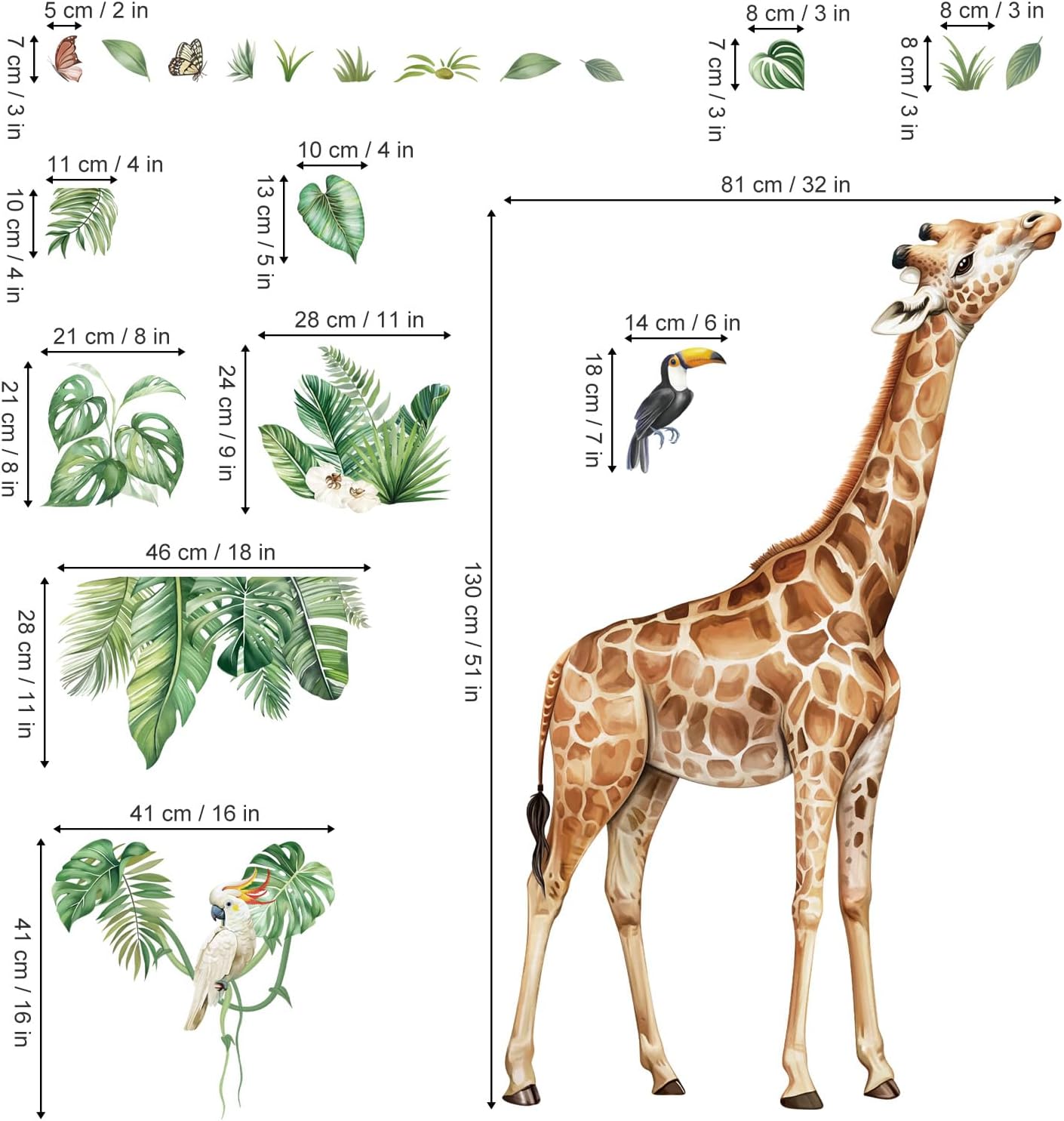 decalmile Large Jungle Giraffe Wall Decals Jungle Animals Tropical Leaves Wall Stickers Baby Nursery Kids Room Playroom Wall Decor