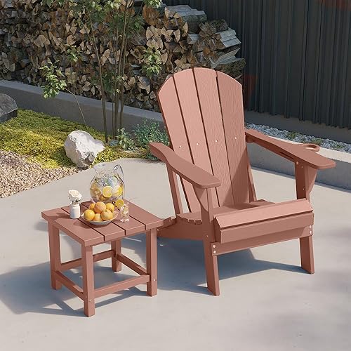 Miniatura 2 de Silla Adirondack plegable con portavasos, sillas de plástico HDPE para exteriores, resistente a la intemperie, aspecto de madera real para patio,
