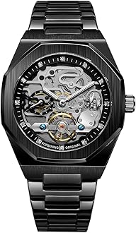 Automatic Watch in full Trendy Black Color, Newest Model in Skeleton Style, Waterproof and Stainless Steel Machenical Watch