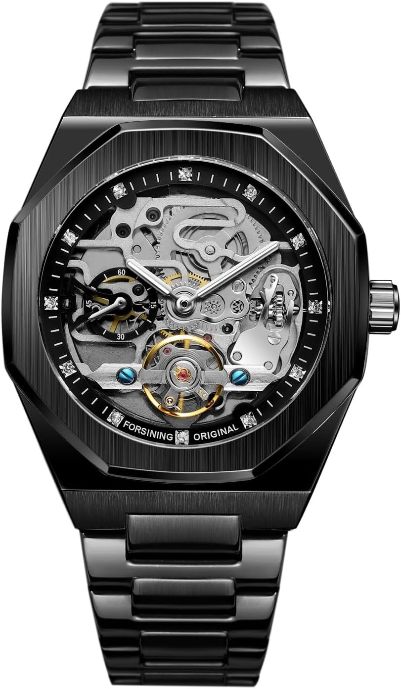 Automatic Watch in full Trendy Black Color, Newest Model in Skeleton Style, Waterproof and Stainless Steel Machenical Watch