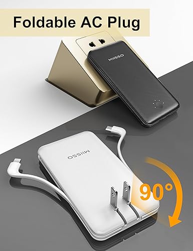 Miniatura 5 de miisso Banco de energía ultra delgado de 10000 mAh, cables integrados y enchufe de pared plegable de CA, cargador portátil USB C de tamaño bolsillo