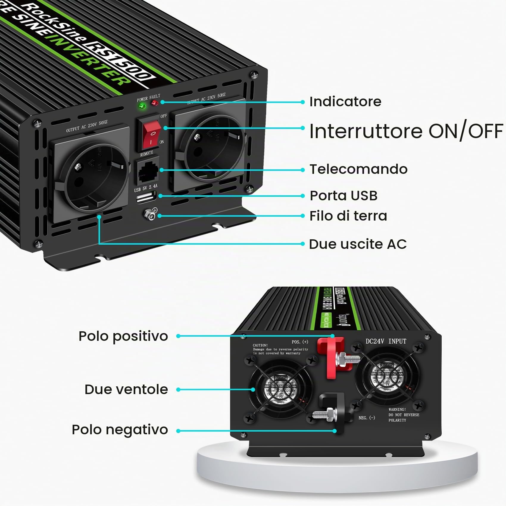 Novopal 1500W 3000W Power Inverter Onda Sinusoidale DC 24V AC 220V | 5m di Telecomando,2 EU Presa,1 Uscita USB,Alloggiamento in lega di alluminio,Adatto per Camion,Campeggio,Viaggi
