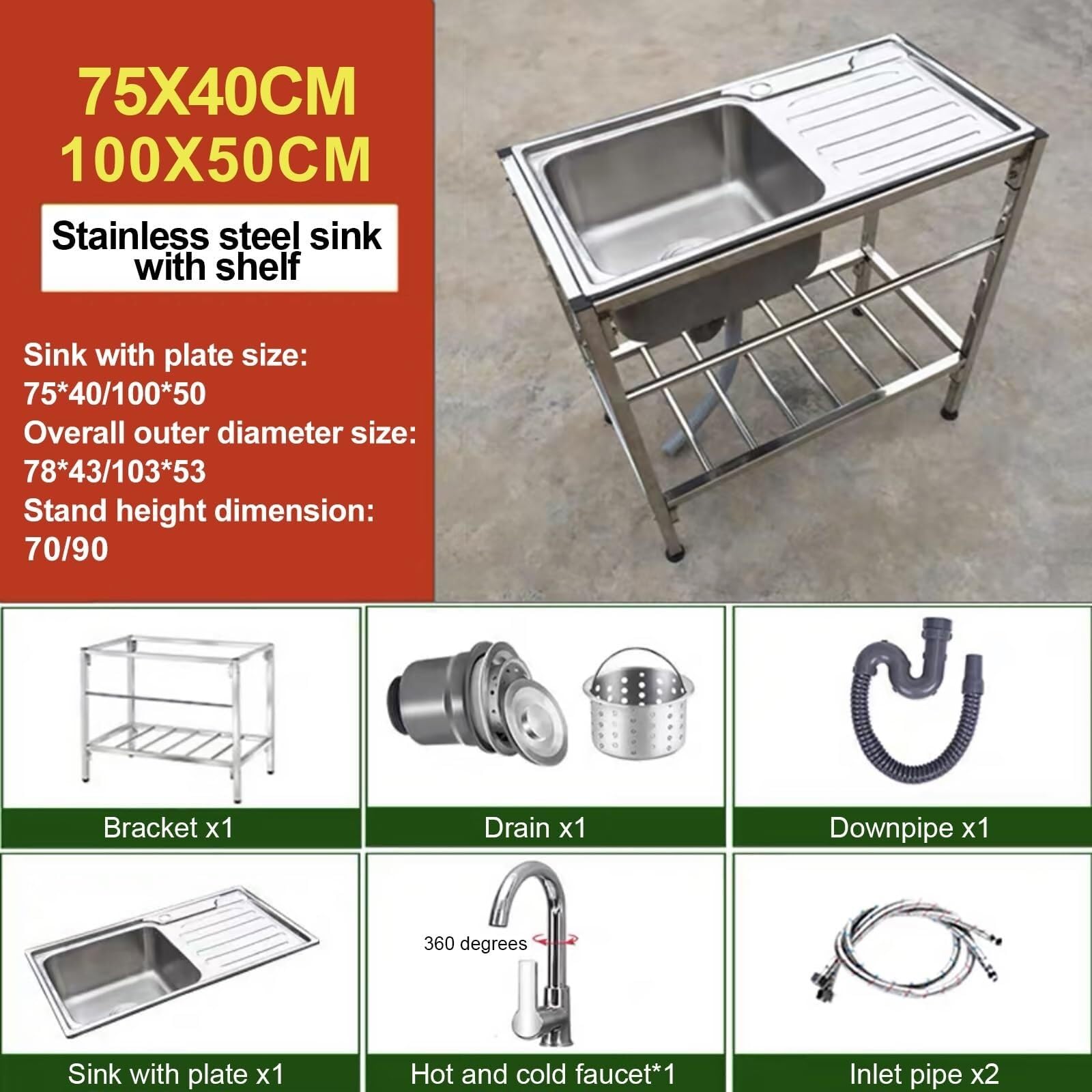 SDdPulse Lavello multiuso in acciaio inox con rubinetto e ripiani portaoggetti, lavello da cucina autoportante per uso interno ed esterno, caldo e freddo, 100 x 50 x 90 cm