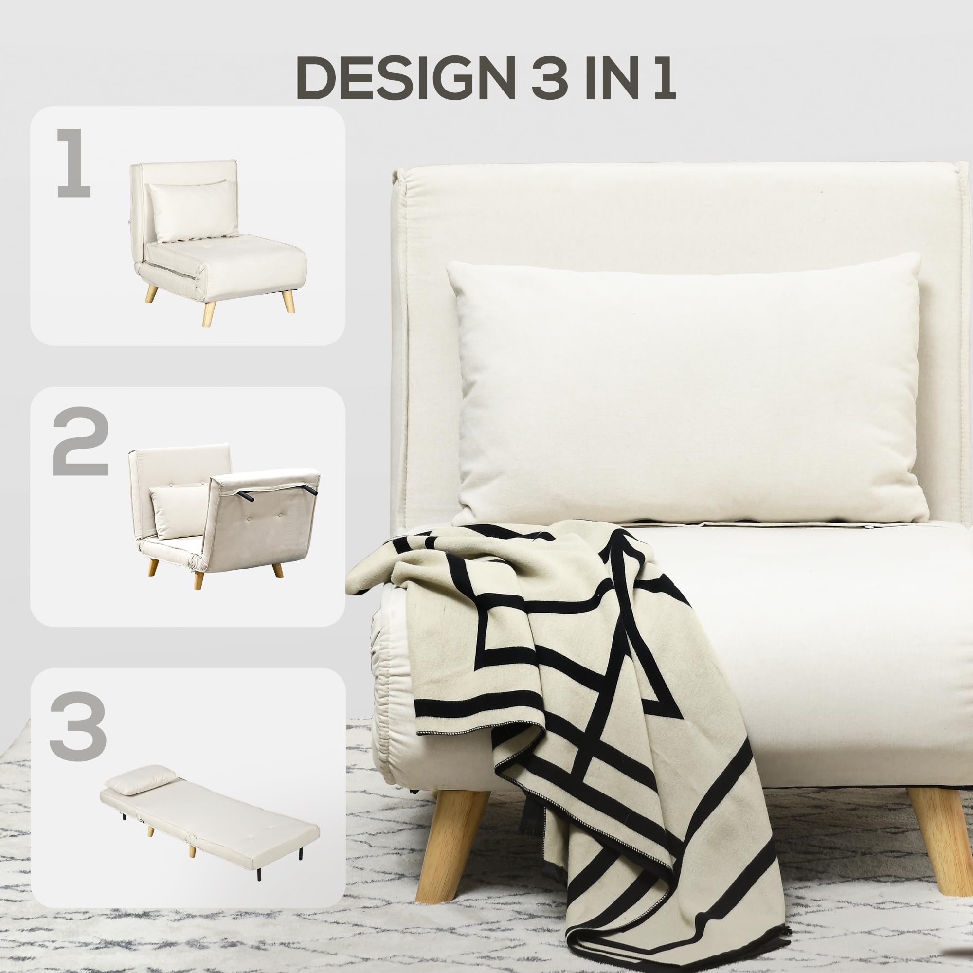 HOMCOM Poltrona Letto Singolo 2 in 1 Schienale Cuscino 72x78x79cm Beige