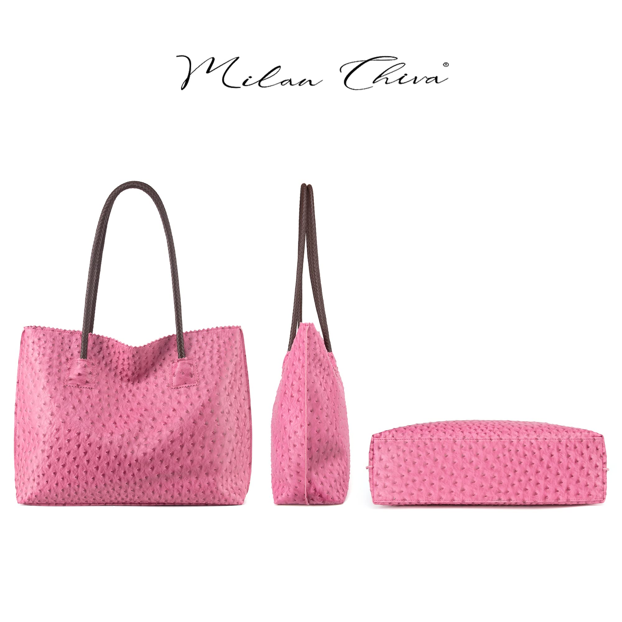 Milan Chiva Tote Bag for Women with Zipper Large Ostrich Vegan Leather Shoulder Purses and Handbags: Fuchsia Rose