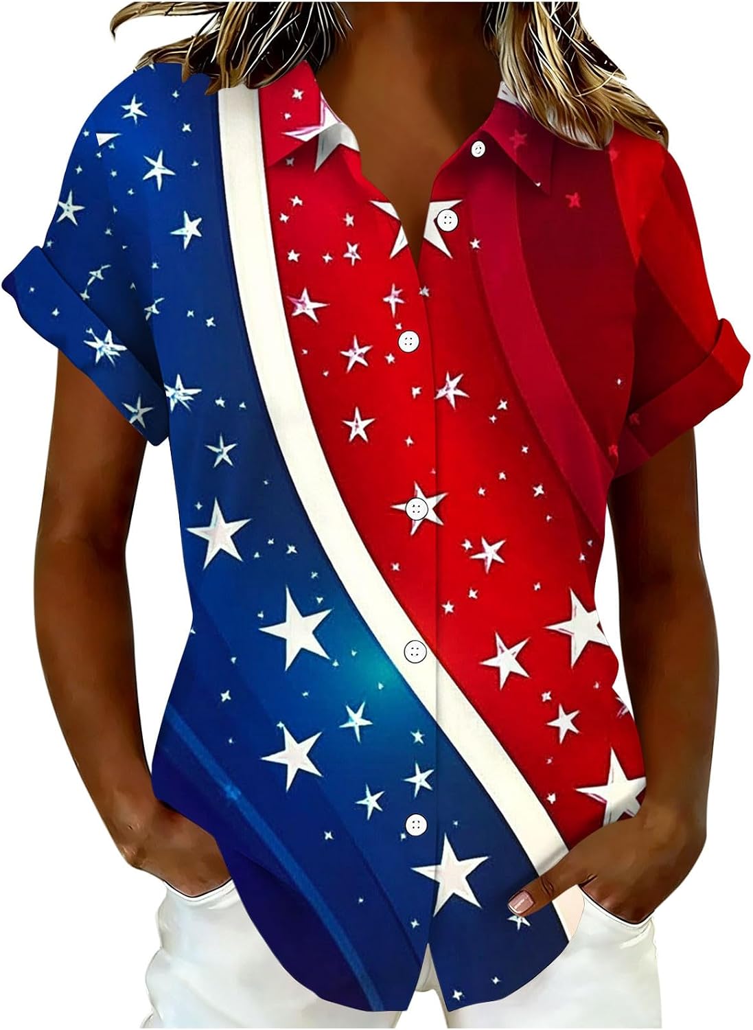 Women's American Flag Star Stripes Print Button Down Collared Shirts Short Sleeve 4th of July Patriotic Tops Blouses