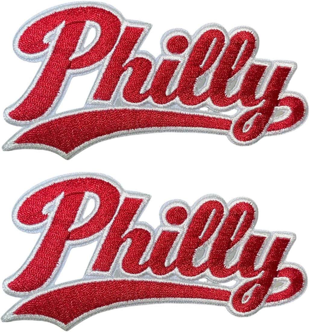 2 PCS Red Philly Script Embroidered Patch Iron On Patches Sports Fan Retro Lettering Badge for Hats, Jackets, and DIY Clothing Decor