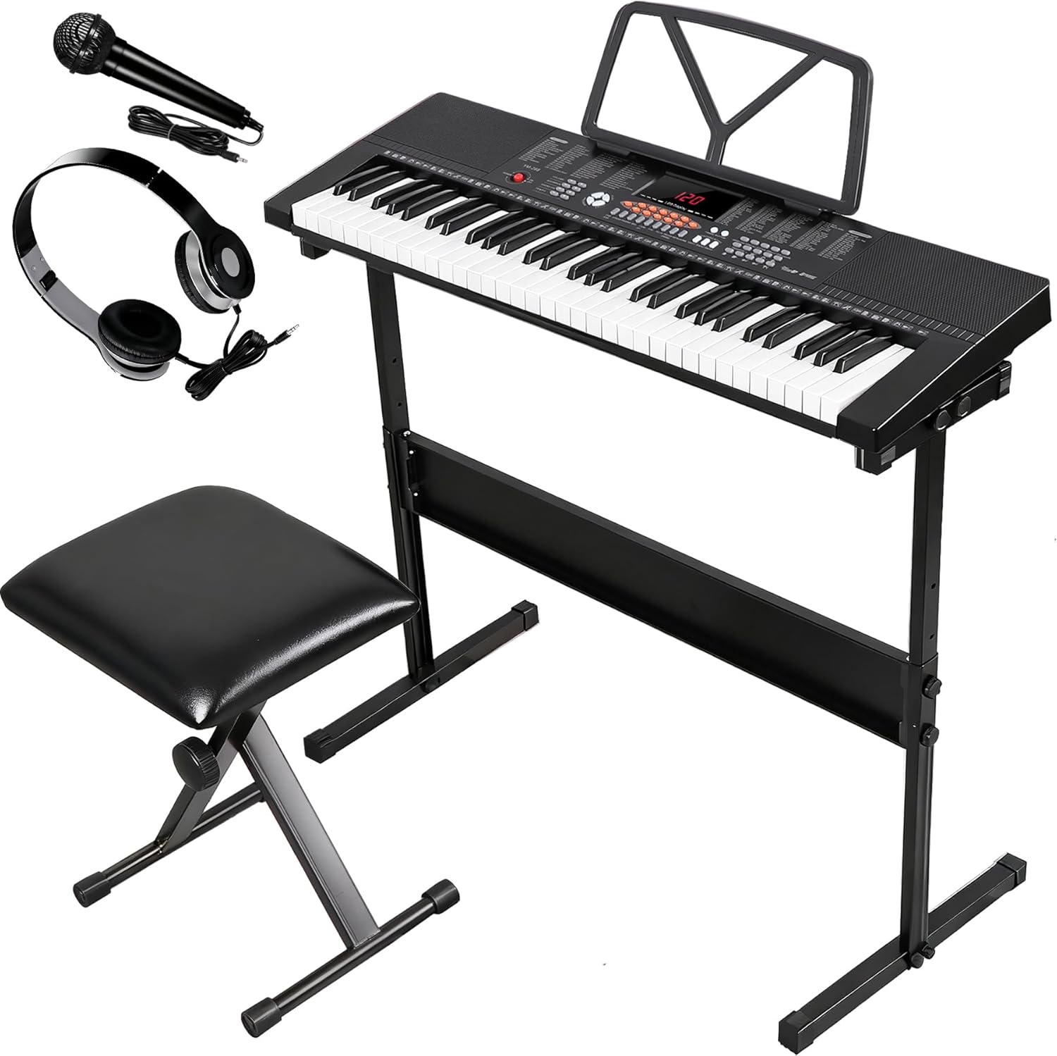 61 Key Portable Electronic Keyboard Piano with Built In Speakers, Headphones, Microphone, Dual Power Supply, Piano Stand, Music Sheet Stand and Stool for Beginner (Kid & Adult), Pink (Black)
