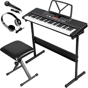 61 Key Electric Keyboard Piano, Portable Piano Keyboard Stand for Beginners/Kids with Adjustable Piano Stand, Built-In Speakers, LED Screen, Headphones, Microphone, Music Sheet Stand and Stool Black