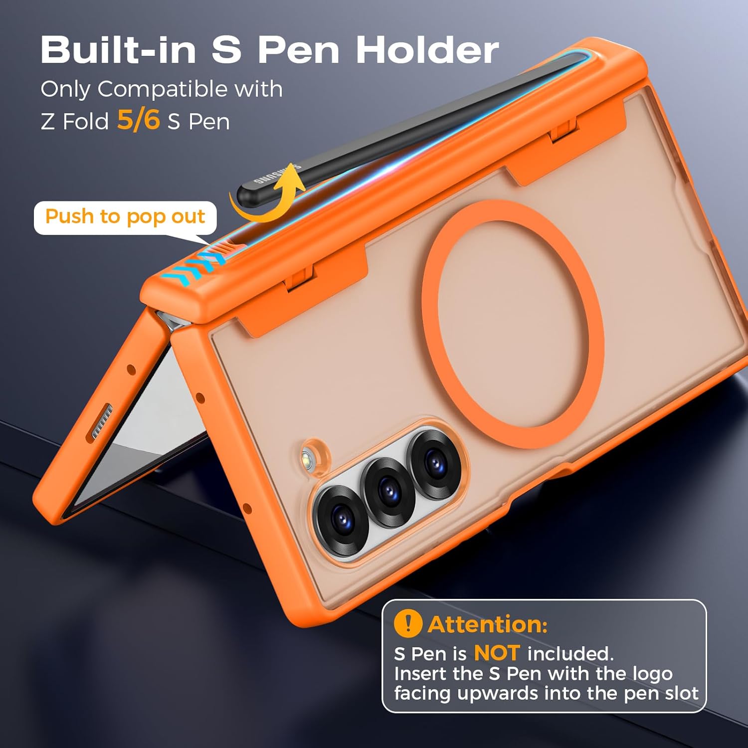 For Samsung Z Fold 6 Case[Built-in Privacy Protector][Hinge Protection with S Pen Holder]Compatible with Magsafe Full-Body Hard PC Shockproof Protective Phone Case for Samsung Galaxy Z Fold 6 (Orange)